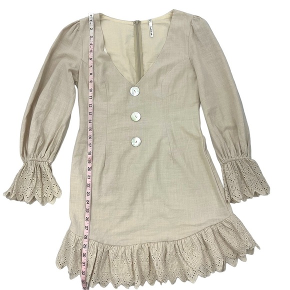 INDIKAH by Angel Biba Nude Low Cut U-neck Ruffle Linen Blend Mini Dress Medium - Picture 9 of 14